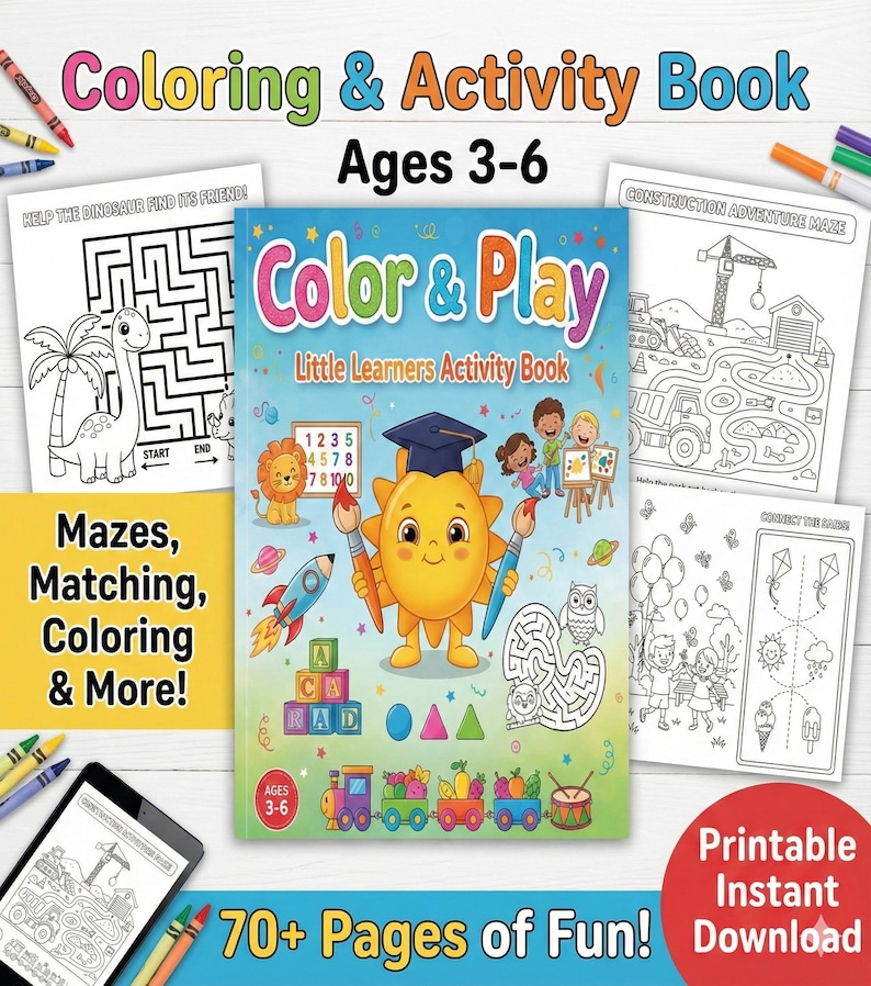 Printable Kids Activity Book Ages 3-6: Coloring, Mazes and Matching ...
