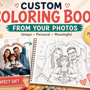 Pode incluir: Um livro de colorir personalizado com o texto "CUSTOM COLORING BOOK FROM YOUR PHOTOS". A imagem mostra uma foto de família e uma página para colorir da mesma família. As palavras "Unique, Personal, Meaningful" também são visíveis.