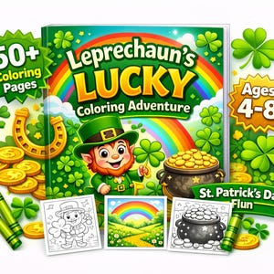 Op de afbeelding: Een kleurboek voor St. Patrick's Day getiteld "Leprechaun's Lucky Coloring Adventure" met een leprechaun-illustratie, regenboog en klavers. Bevat 50+ kleurplaten voor kinderen van 4-8 jaar. Met kleurpotloden en gouden munten.