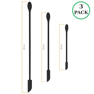 May include: A set of three black silicone spatulas of varying lengths: 30 cm (11.8 inches), 23 cm (9 inches), and 15 cm (5.9 inches). Each spatula has a long handle and a flat, rectangular head. The image includes a green circle with the text "3 PACK".