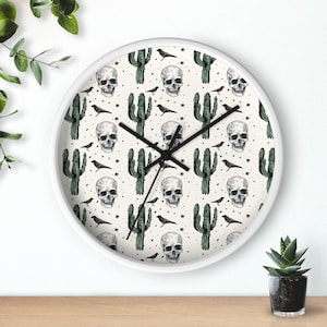 Skull Wall Clock, skulls & cactuses Clock, Unique Home Decor, Office Accent, Airbnb Statement Piece, skull clock gift