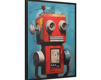 May include: A red, white, and blue robot with large, round eyes and a whimsical expression. The robot is painted in a textured style, giving it a vintage look. The background is a light blue.