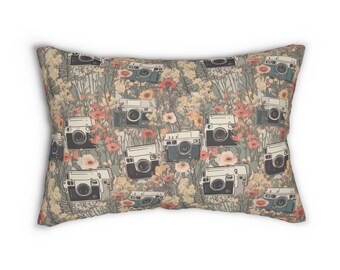 Aesthetic Throw Pillow, Retro Camera pattern Lumbar Pillow - Spun Polyester horizontal lumbar throw pillow