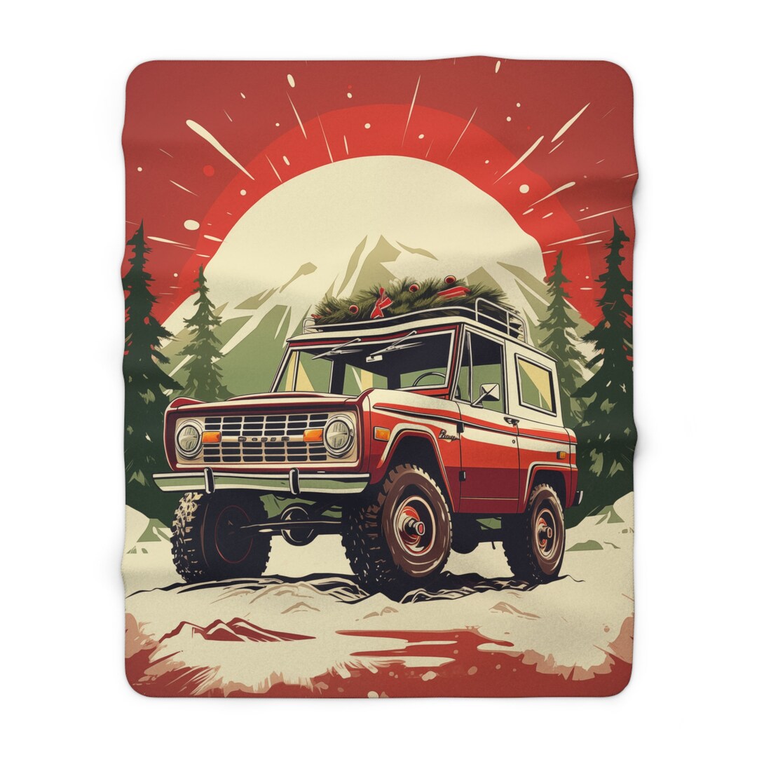 Vintage Ford Bronco Christmas Winter Fleece Blanket, Cozy Bronco Throw