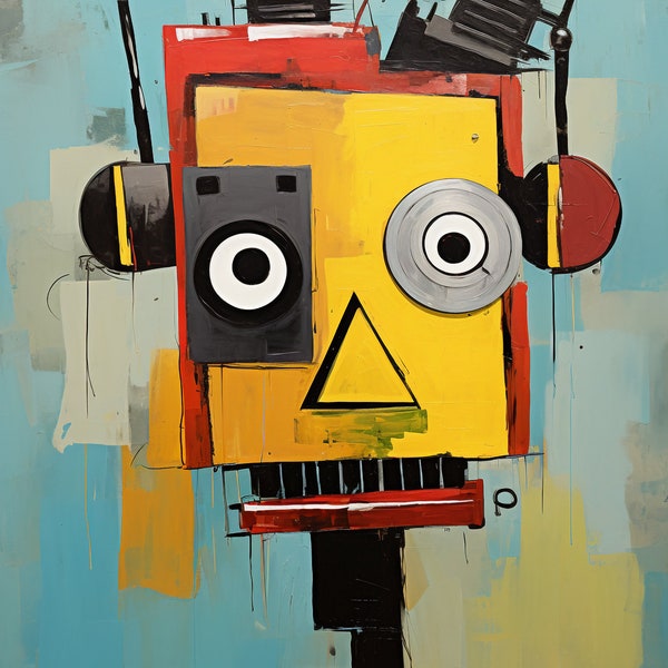 Abstract Robot Pop Art Instant Download, Yellow Contemporary Robot Painting Digital Download, Retro Robot Abstract PNG Print Download