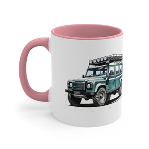 Land Rover Coffee Mug, Classic vintage Lange Rover Defender beverage mug, 11oz - 2 coordinating color options, pink or black coffee cup