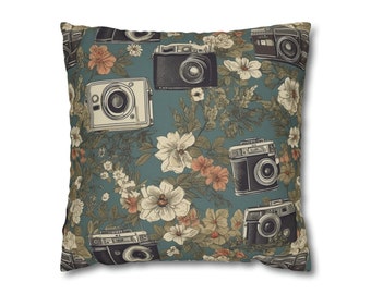 Quadratisches Kissenbezug Vintage Kamera und Blumen Kissen - 4 Größen Spun Polyester Throw Pillow