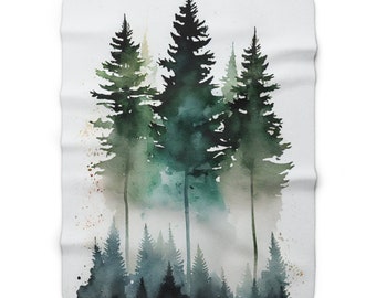 May include: Watercolour painting of a forest scene with tall green trees in a misty setting. The trees are painted in a loose, impressionistic style, with soft edges and a sense of depth.
