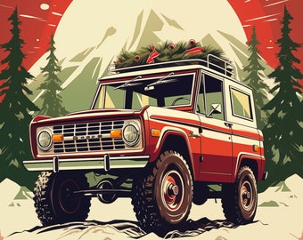 Vintage Red Ford Bronco Art, Holiday Christmas Bronco, Christmas Trees, for T-Shirt, Print, Digital Download art, PNG DIY Winter Ford Bronco