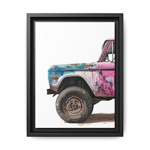 Vintage Ford Bronco Pop Art Print: Colorful Abstract Canvas with Black Frame