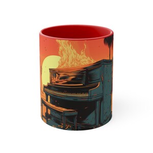 Piano Music Coffee Mug: Abstract Flames Art, Two-Tone Ceramic 11oz