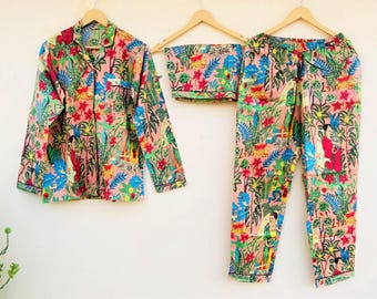 Pijama de algodón con estampado de bloques a mano, ropa de dormir india