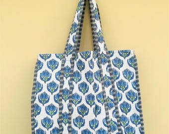 Handmade Cotton Quilted Tote Bag: Floral Block Print, Indian Artisan Gift