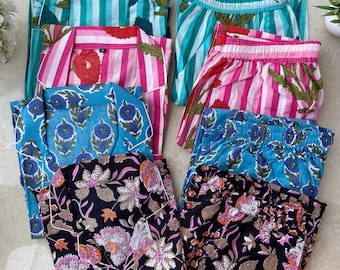 3 pc Indian Handmade 100% Cotton Pajama Set Night Wear, Soft Cotton Night Suit-Pure Cotton Pj's, block Print Pajamas, Pajamas Set