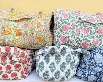 Handmade Floral Cotton Quilted Duffle Bag, Block Print Travel Bag, Adjustable Handle Weekend Gym Yoga Bag for Women Boho Print Duffle Bag
