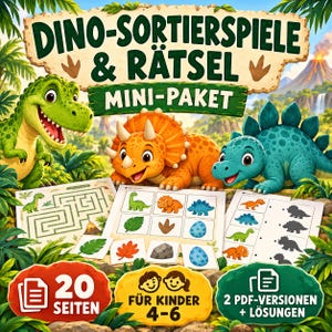 May include: A digital activity set titled DINO-SORTIERSPIELE & RÄTSEL MINI-PAKET featuring cartoon dinosaurs, a maze, matching games, and shadow puzzles. The set includes 20 pages, is designed for children ages 4-6, and provides 2 PDF versions with solutions.