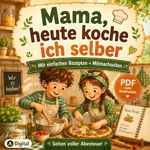 May include: A digital cookbook cover titled Mama, heute koche ich selber featuring two children in aprons cooking in a kitchen. One child stirs a bowl while the other adds basil to a pizza. Includes text about simple recipes and printable PDF pages.