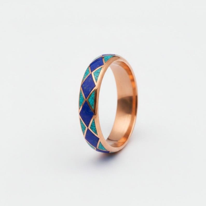 Geometric Inlay Ring Copper Inlay Ring With Lapis Lazuli & Turquoise – Geometric Mosaic Band ...