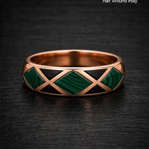 Malachite & Black Onyx Inlay Copper Ring, Geometric Wedding Band, Handmade Jewelry