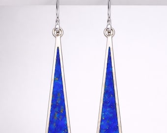 Natuurlijke lapis lazuli ingelegde oorbellen | Lange druppeloorbellen 925 sterlingzilver | Minimale hangsieraden arduinsteen | Cadeau voor haar