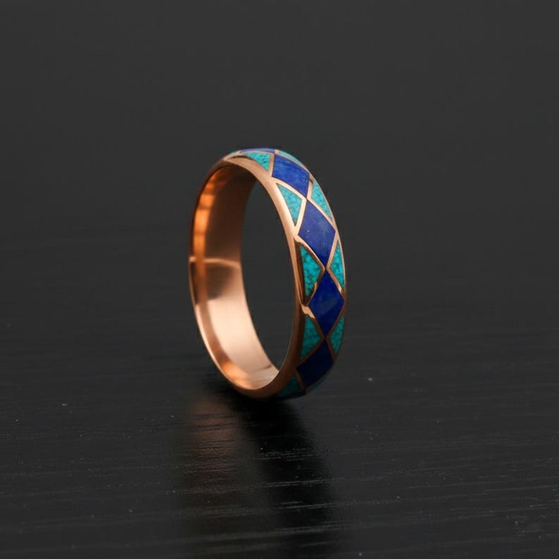 Geometric Inlay Ring Copper Inlay Ring With Lapis Lazuli & Turquoise – Geometric Mosaic Band ...