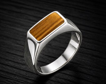 Zilveren tijgeroogring heren, zegelring, minimalistisch cadeau voor hem