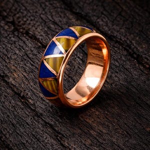 Lapislazuli Tigeröga-kopparring – 10 mm bred inläggningsring – Unisex hantverksvigselring