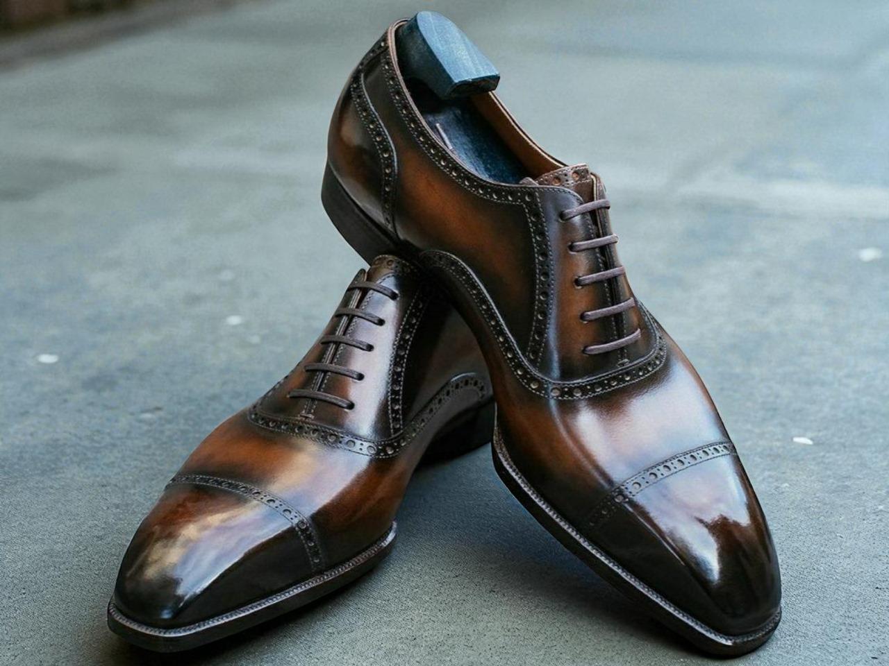 Handmade Two-tone Tan Leather Oxford Shoes: Cap Toe Lace-up 