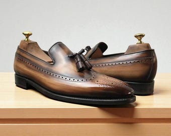 Handmade Two-Tone Brown Leather Oxford Loafers - Men's Moccasin Shoes