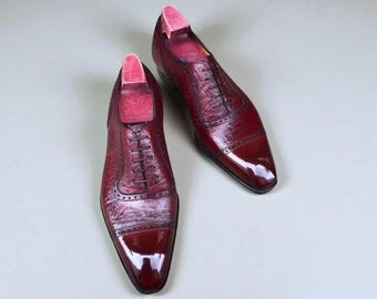Handmade Red Shaded Leather Oxford Shoes: Cap Toe Lace-Up