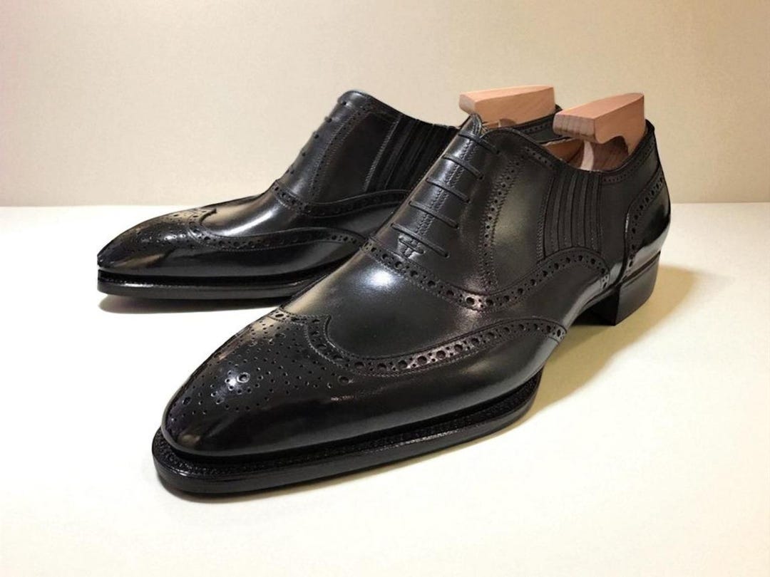 Handmade Black Italian Leather Wingtip Oxford Dress Shoes - Etsy display picture 3