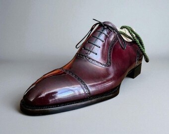 Handmade Men Maroon Shaded Leather Lace Up Cap Toe Oxford Dress Up Formal shoe