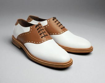 Handmade Men Trending Two Tone White & Brown Leather Lace Up Oxford Formal Shoe .