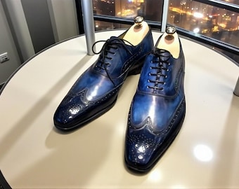 Handmade Men Oxford Two Tone Blue Shaded Leather Wing Tip Lace Up Formal Shoe