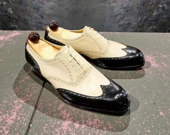 Handmade Men Oxford Black & Cream Leather Wing Tip Lace Up Formal Shoe.