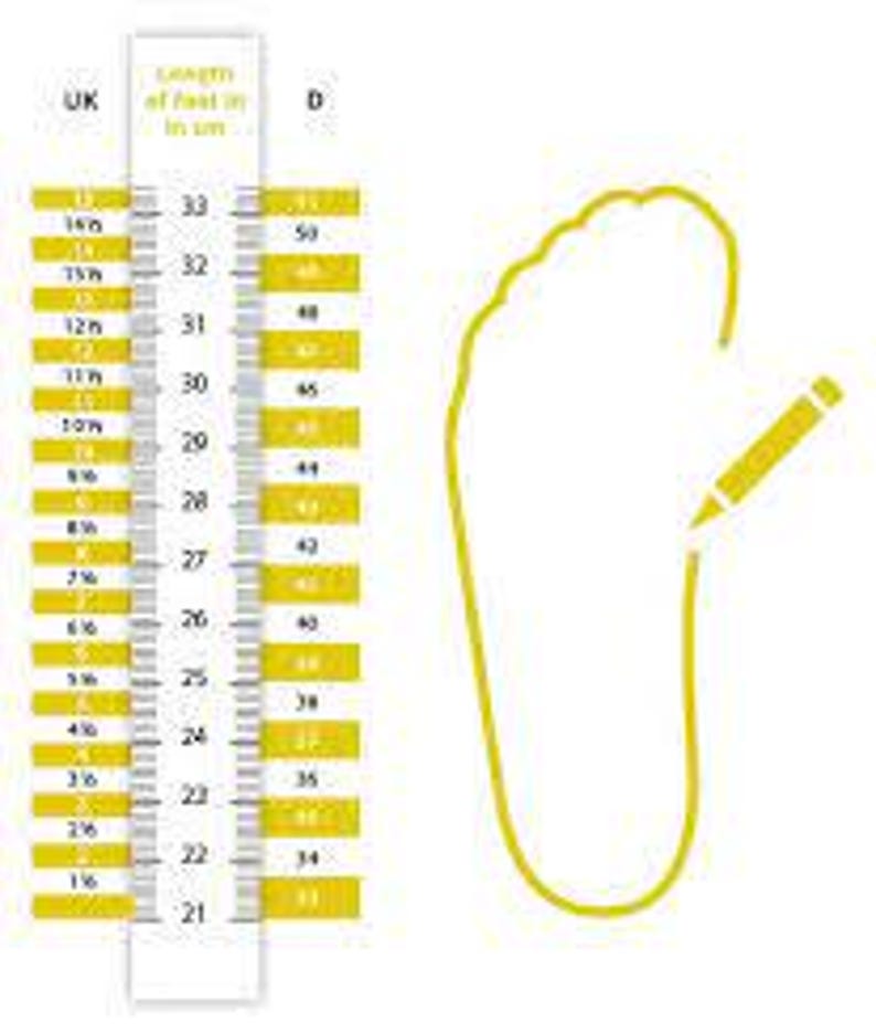 May include: A white and yellow foot measuring guide with UK and D size indicators. The guide shows foot lengths in centimeters, ranging from 21 cm to 33 cm. A yellow outline of a foot is drawn with a yellow pencil.