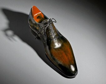 Handmade Men Two Tone Tan Shaded Leather & Croco Sides Lace Up Formal Shoe .