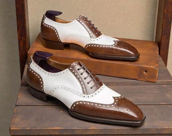 Handmade Men Oxford Brown & White Leather Wing Tip Lace Up Formal Shoe.