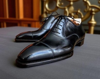 Handmade Black Italian Leather lace up Cap Toe Dress up Formal Shoes