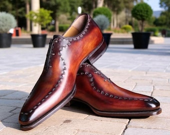 Handgefertigte Herren zweifarbige Tan Leder mit brauner Schattierung Schnürschuh.