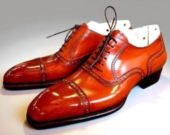 Handmade Men Oxford Tan Leather Cap Toe Lace Up Formal shoe.
