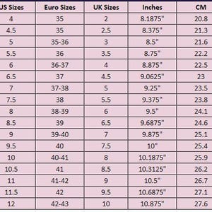 May include: Shoe size conversion chart with US, Euro, and UK sizes, along with measurements in inches and centimeters. Sizes range from US size 4 (20.8 cm) to US size 12 (27.6 cm). The chart is on a pink background.