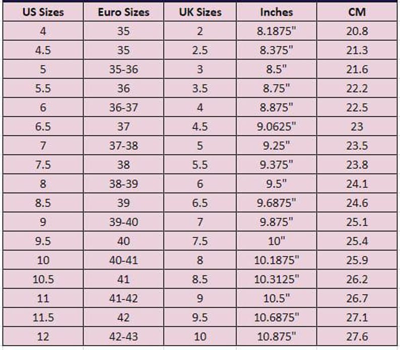 May include: Shoe size conversion chart with US, Euro, and UK sizes, along with measurements in inches and centimeters. Sizes range from US size 4 (20.8 cm) to US size 12 (27.6 cm). The chart is on a pink background.