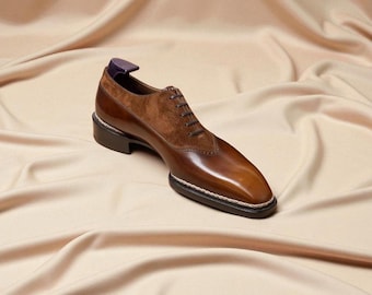 Handmade Men Two Tone Tan Shaded Leather & Brown Suede Lace Up Formal Shoe .