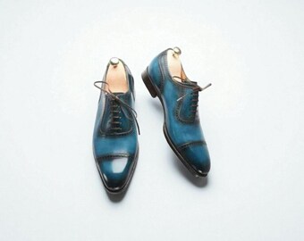 Handmade Men Blue Shaded Leather Cap Toe Brogue Lace Up Formal Shoe.