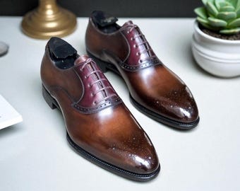 Handmade Men Two Tone Brown Shading Leather Lace up Oxford Formal Shoe.