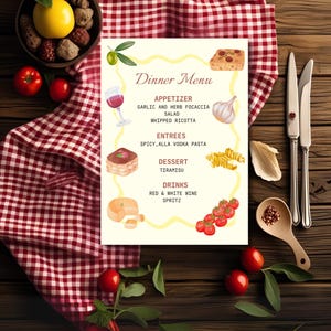 Italian-inspired menu featuring a soft, warm cream background hand-painted illustrations of classic Italian foods