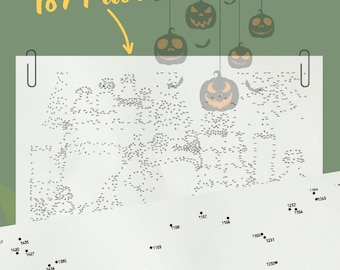 May include: A Halloween-themed connect-the-dots puzzle with 1874 dots. The image features hanging jack-o'-lanterns and bats. The puzzle is on a white sheet of paper, held by paper clips, against a green background.