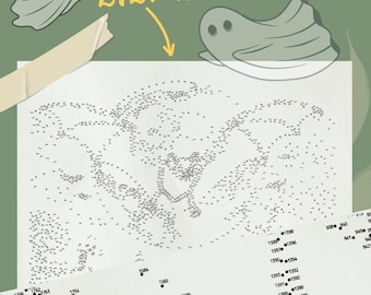 May include: A Halloween-themed connect-the-dots puzzle with 2127 dots. The image features a ghost illustration and the text "2127 dots". The dots form a spooky image. The background is a muted green.