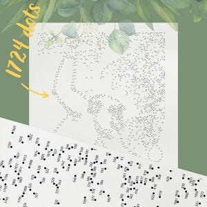 May include: A white sheet with a dot-to-dot puzzle, featuring the text "1724 dots" in yellow. The puzzle, once completed, will reveal an image. Numbers are scattered across the page.